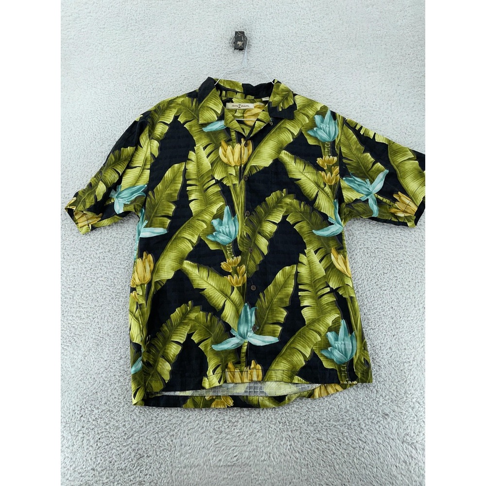 Tommy Bahama Shirt Mens Medium Black Green‎ Silk Hawaiian Floral Camp Aloha